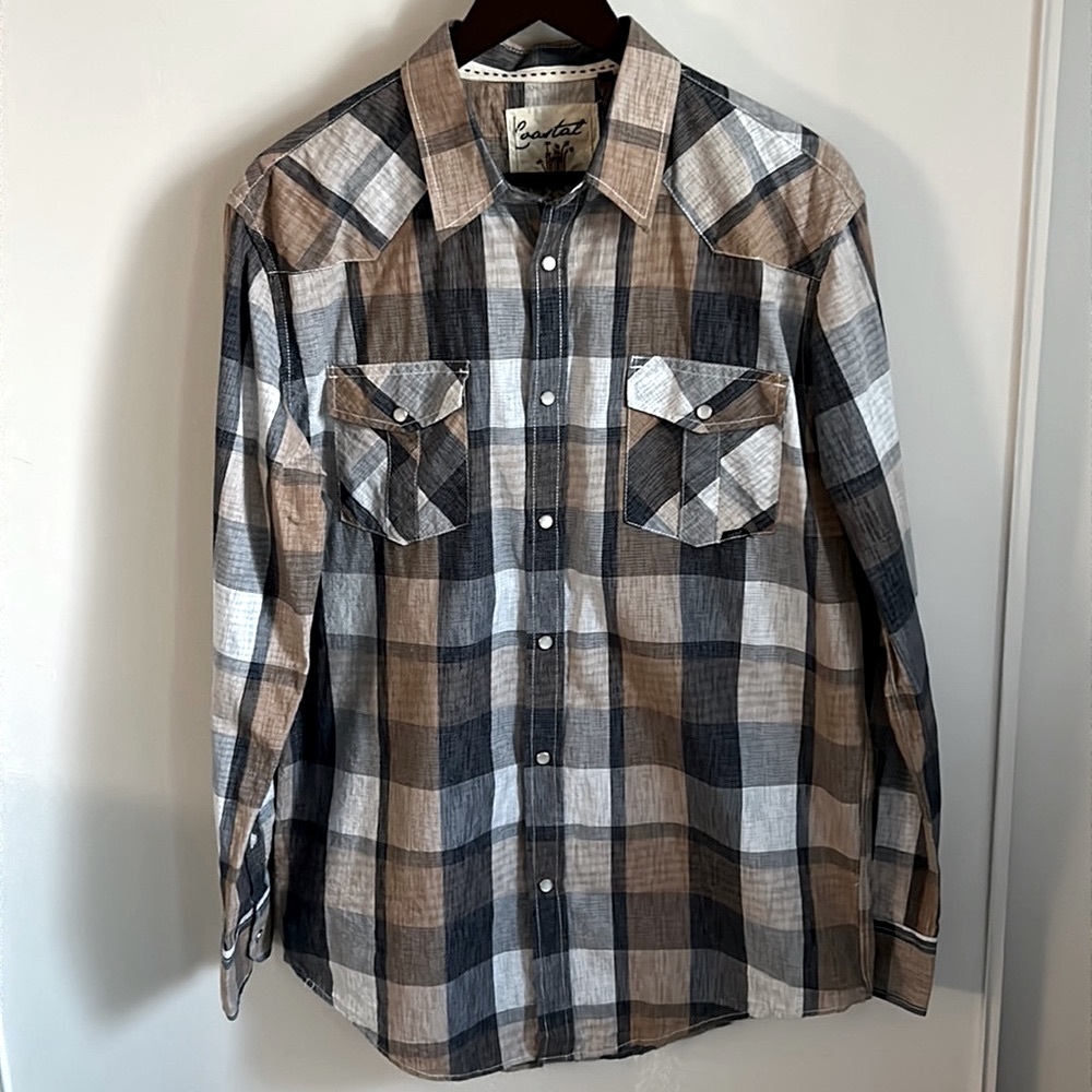 Coastal Men’s Western Style Long Sleeve Classic Snap Up Navy Tan Plaid Shirt
